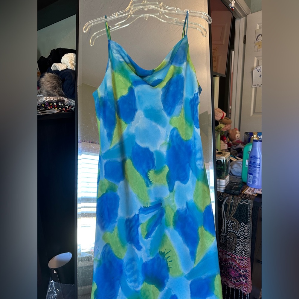 Vintage Trio NY Blue and Green Cowl Neck Slip Dress